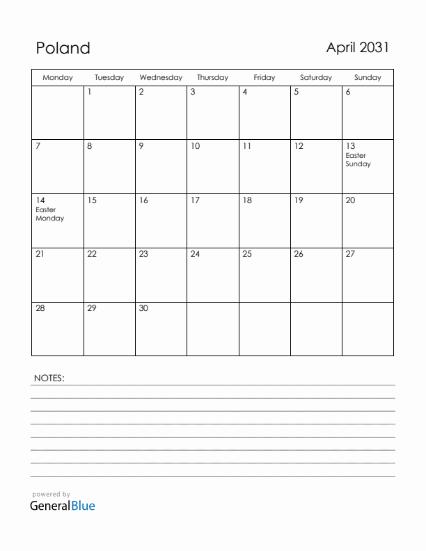 April 2031 Poland Calendar with Holidays (Monday Start)