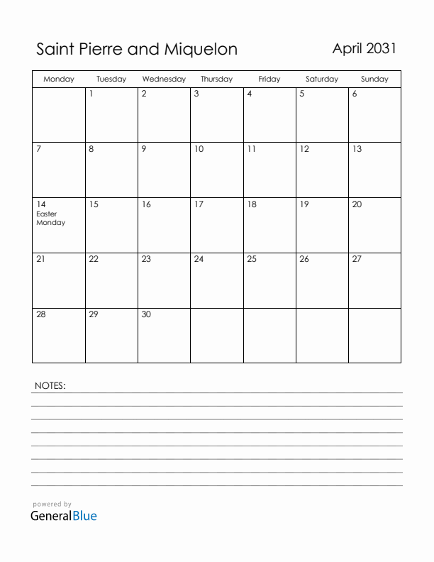 April 2031 Saint Pierre and Miquelon Calendar with Holidays (Monday Start)