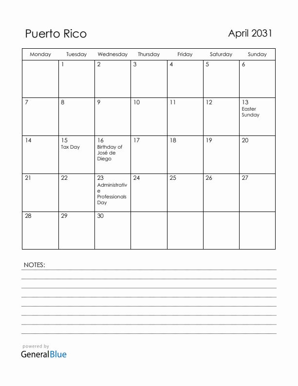 April 2031 Puerto Rico Calendar with Holidays (Monday Start)