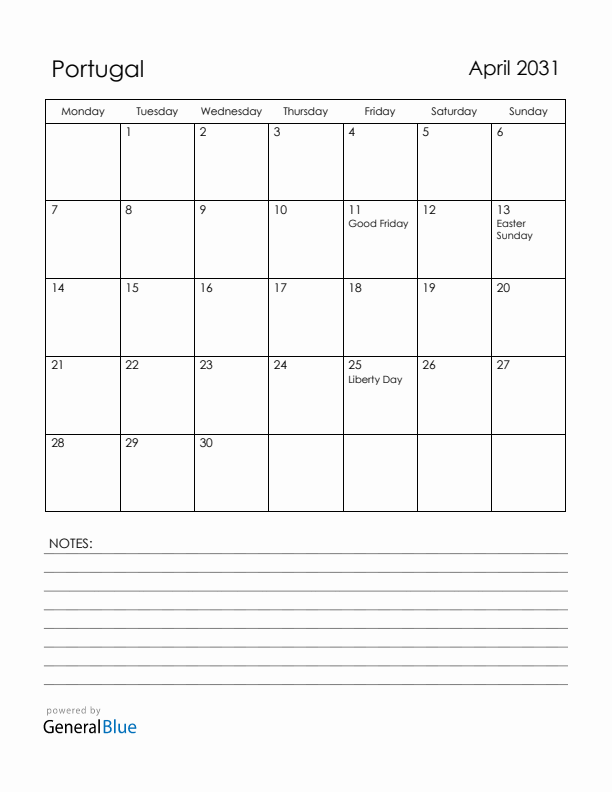 April 2031 Portugal Calendar with Holidays (Monday Start)