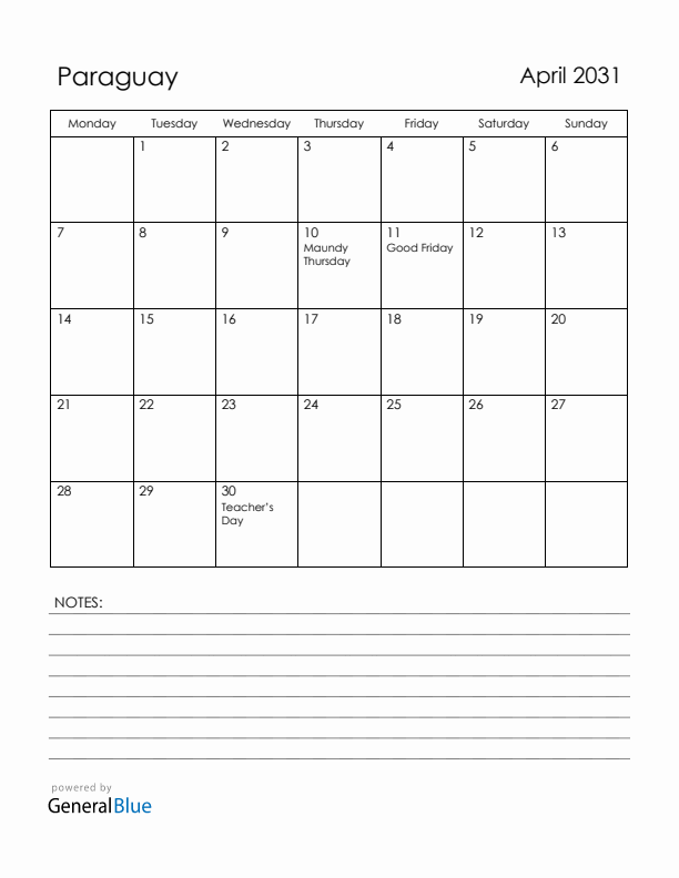April 2031 Paraguay Calendar with Holidays (Monday Start)