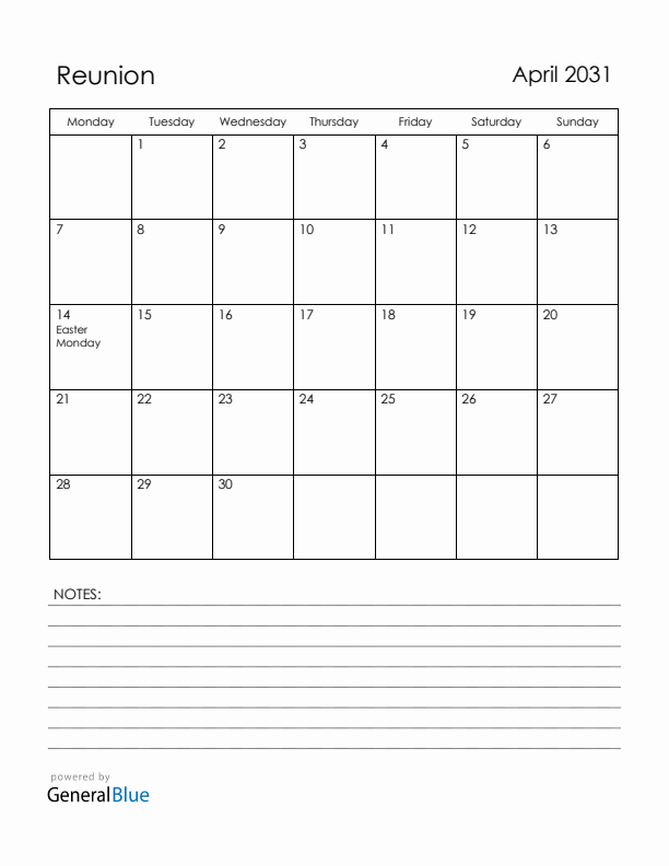April 2031 Reunion Calendar with Holidays (Monday Start)