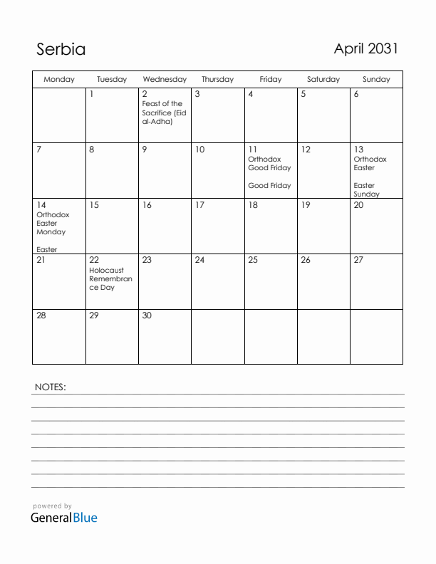 April 2031 Serbia Calendar with Holidays (Monday Start)