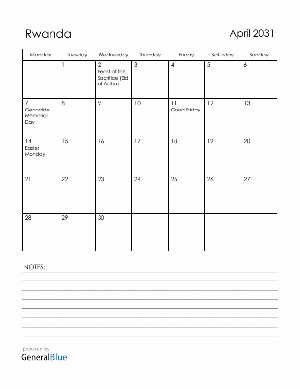 April 2031 Rwanda Calendar with Holidays (Monday Start)