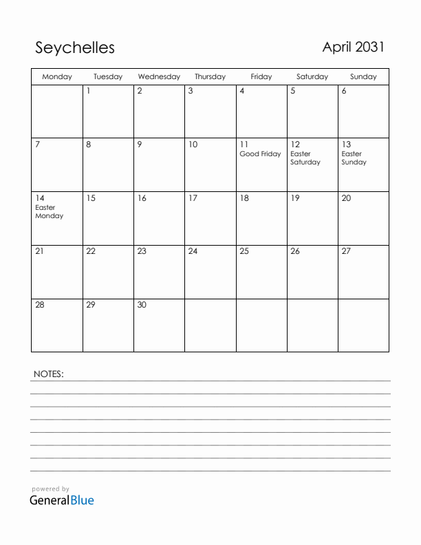 April 2031 Seychelles Calendar with Holidays (Monday Start)