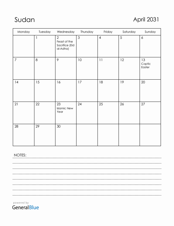 April 2031 Sudan Calendar with Holidays (Monday Start)