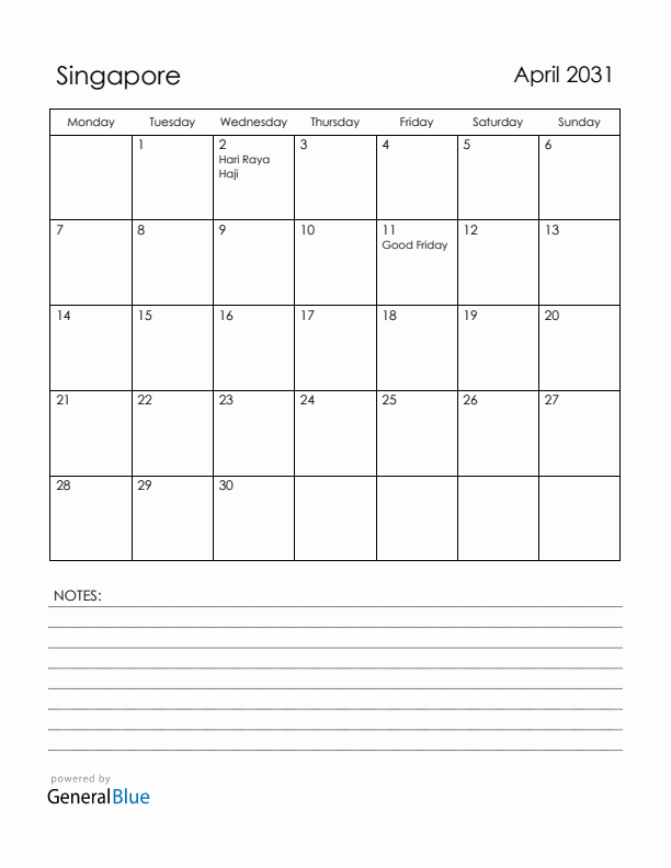April 2031 Singapore Calendar with Holidays (Monday Start)