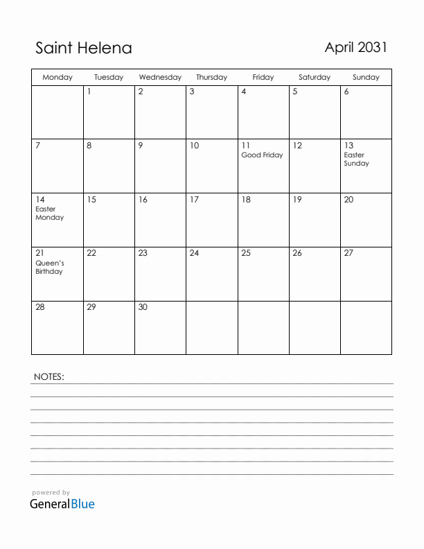 April 2031 Saint Helena Calendar with Holidays (Monday Start)