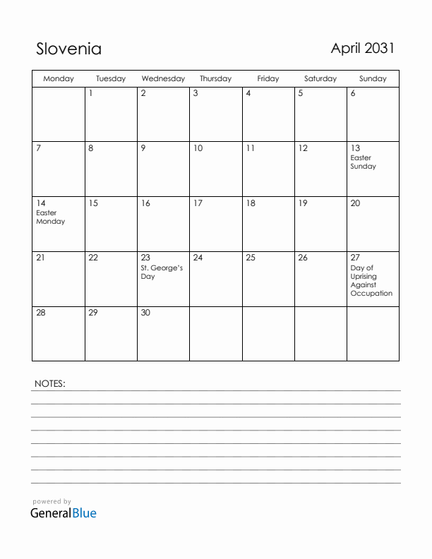 April 2031 Slovenia Calendar with Holidays (Monday Start)