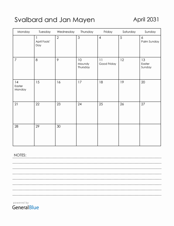 April 2031 Svalbard and Jan Mayen Calendar with Holidays (Monday Start)