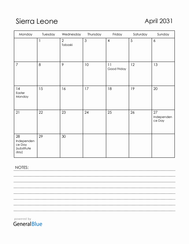 April 2031 Sierra Leone Calendar with Holidays (Monday Start)