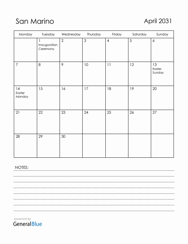 April 2031 San Marino Calendar with Holidays (Monday Start)