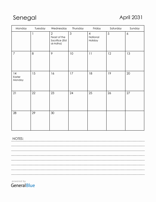 April 2031 Senegal Calendar with Holidays (Monday Start)