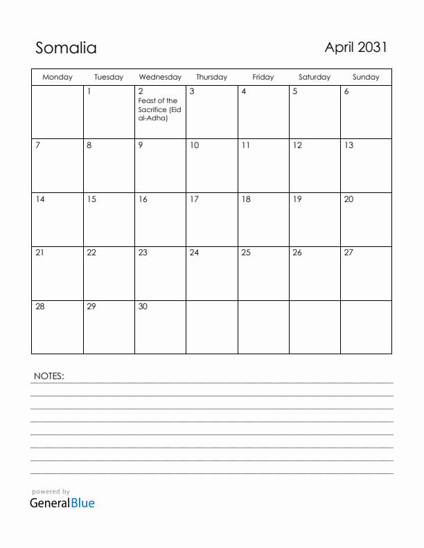 April 2031 Somalia Calendar with Holidays (Monday Start)