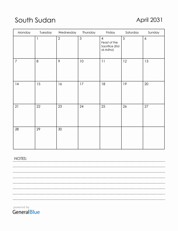 April 2031 South Sudan Calendar with Holidays (Monday Start)