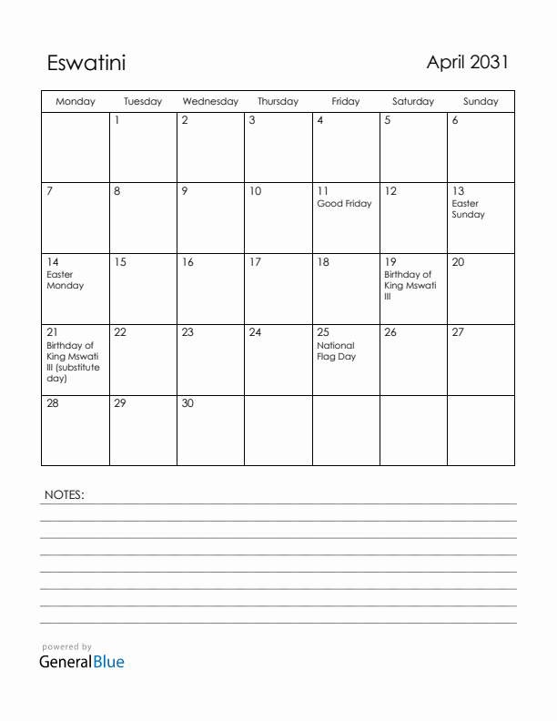 April 2031 Eswatini Calendar with Holidays (Monday Start)