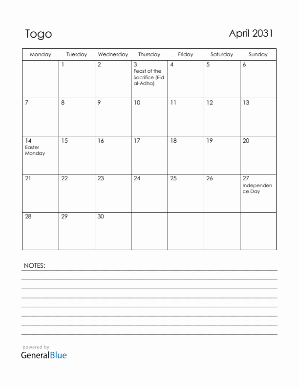 April 2031 Togo Calendar with Holidays (Monday Start)