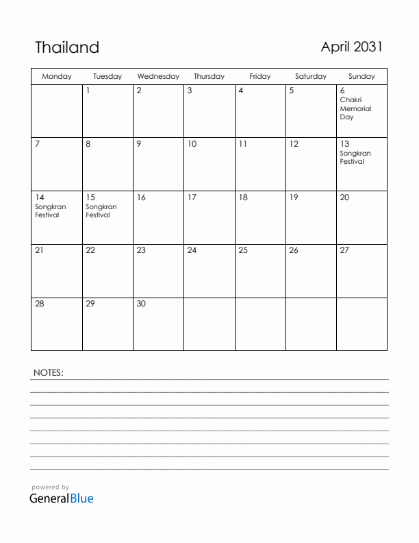 April 2031 Thailand Calendar with Holidays (Monday Start)