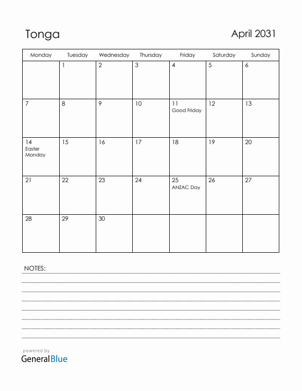 April 2031 Tonga Calendar with Holidays (Monday Start)