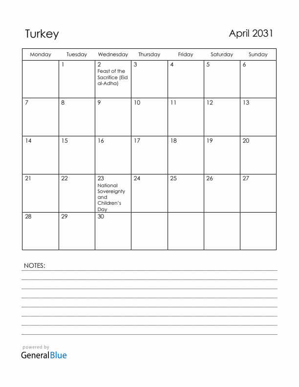 April 2031 Turkey Calendar with Holidays (Monday Start)