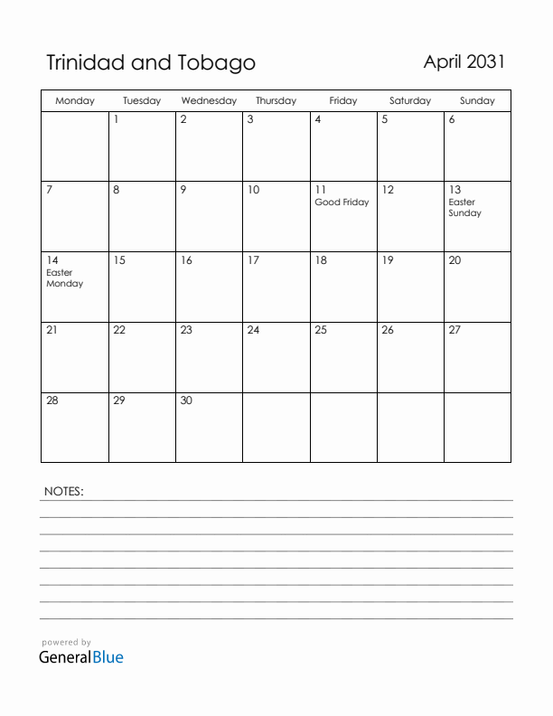 April 2031 Trinidad and Tobago Calendar with Holidays (Monday Start)