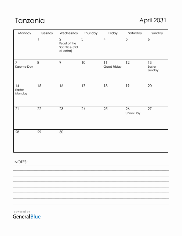 April 2031 Tanzania Calendar with Holidays (Monday Start)