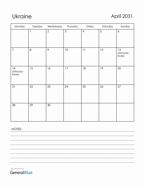 April 2031 Ukraine Calendar with Holidays (Monday Start)