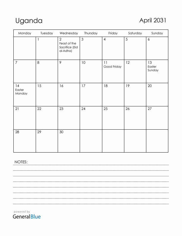 April 2031 Uganda Calendar with Holidays (Monday Start)
