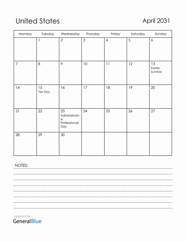 April 2031 United States Calendar with Holidays (Monday Start)