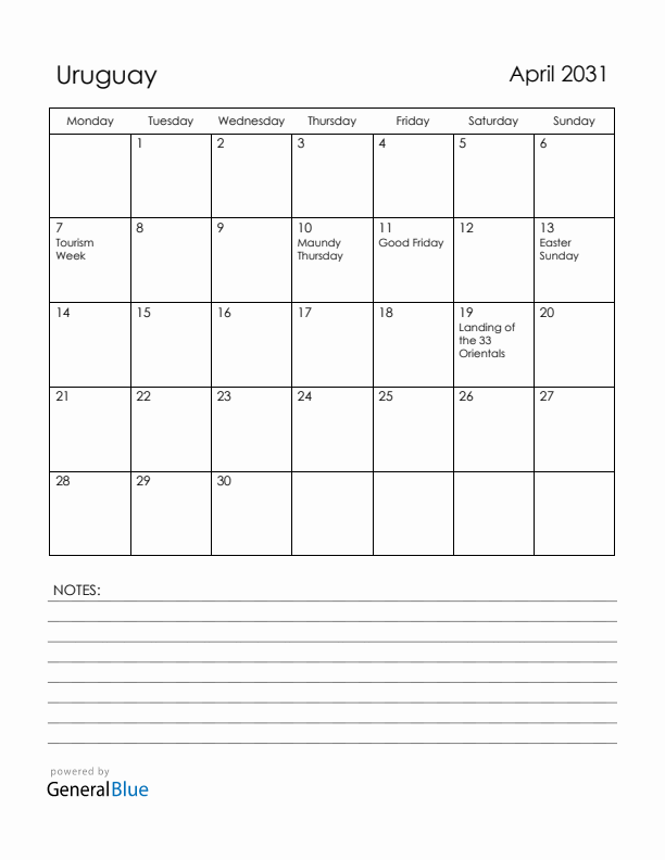 April 2031 Uruguay Calendar with Holidays (Monday Start)