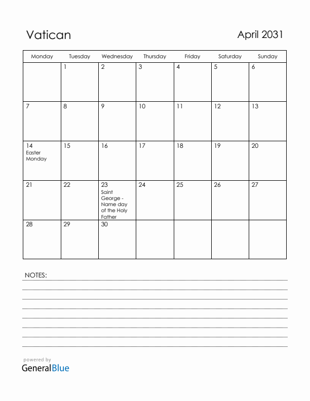 April 2031 Vatican Calendar with Holidays (Monday Start)