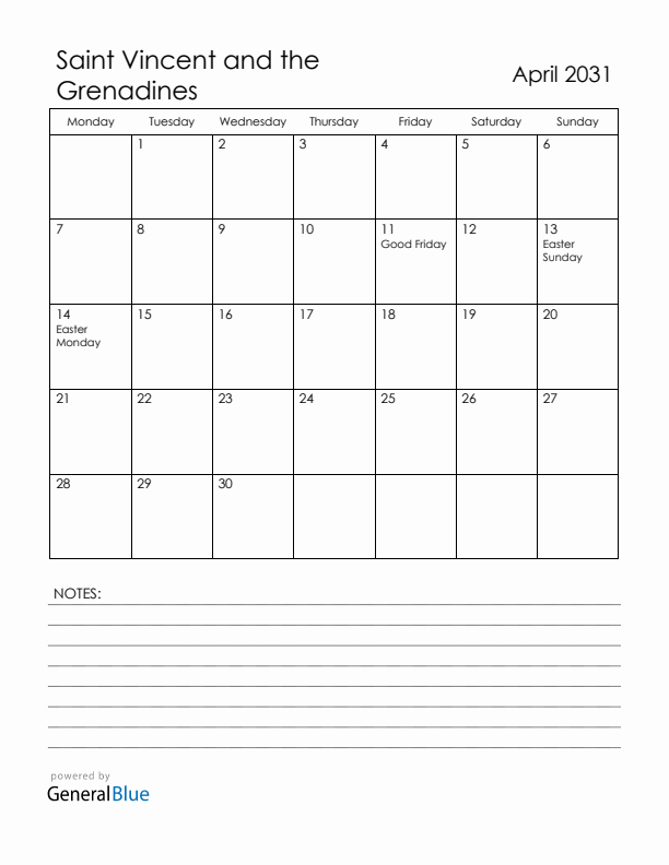 April 2031 Saint Vincent and the Grenadines Calendar with Holidays (Monday Start)