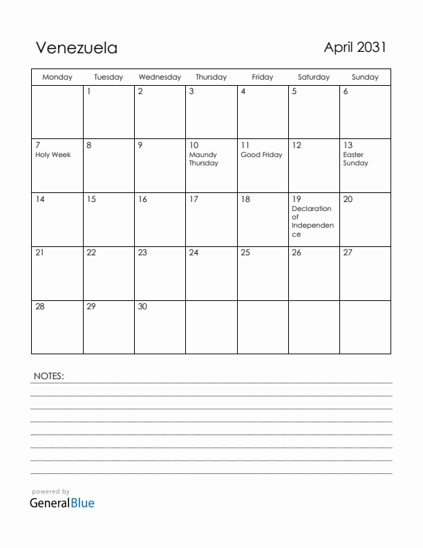 April 2031 Venezuela Calendar with Holidays (Monday Start)
