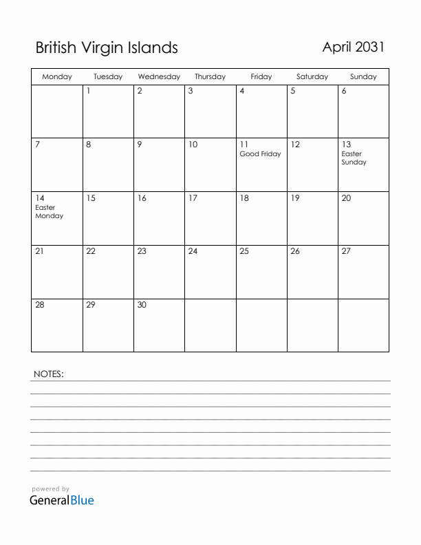 April 2031 British Virgin Islands Calendar with Holidays (Monday Start)