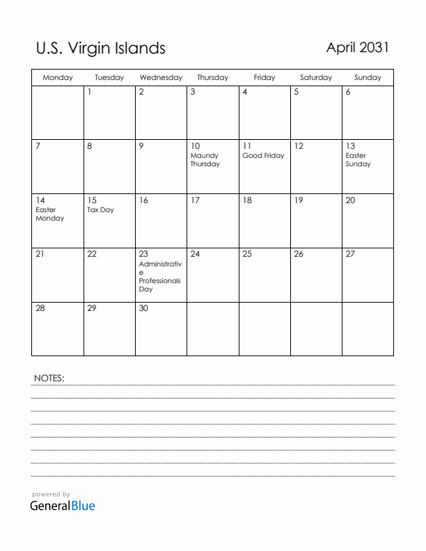 April 2031 U.S. Virgin Islands Calendar with Holidays (Monday Start)