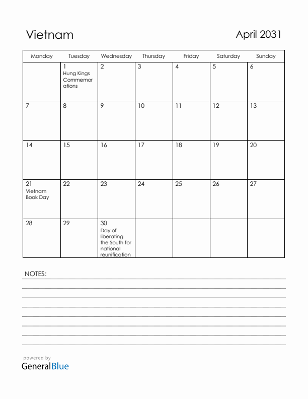 April 2031 Vietnam Calendar with Holidays (Monday Start)