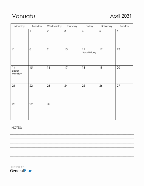 April 2031 Vanuatu Calendar with Holidays (Monday Start)
