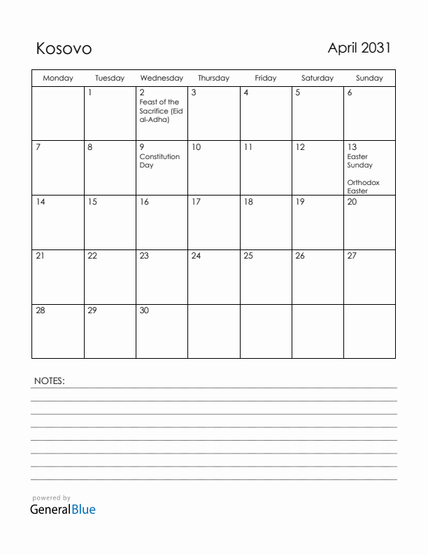 April 2031 Kosovo Calendar with Holidays (Monday Start)