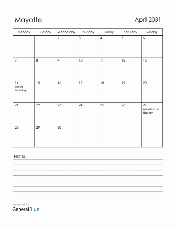 April 2031 Mayotte Calendar with Holidays (Monday Start)