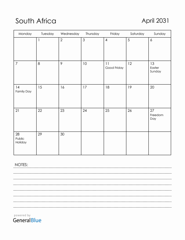 April 2031 South Africa Calendar with Holidays (Monday Start)