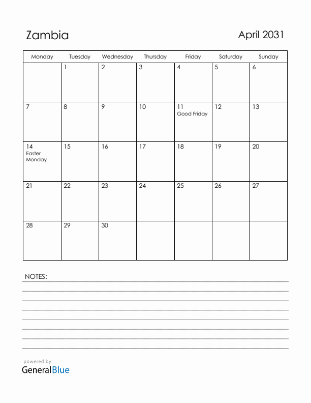 April 2031 Zambia Calendar with Holidays (Monday Start)