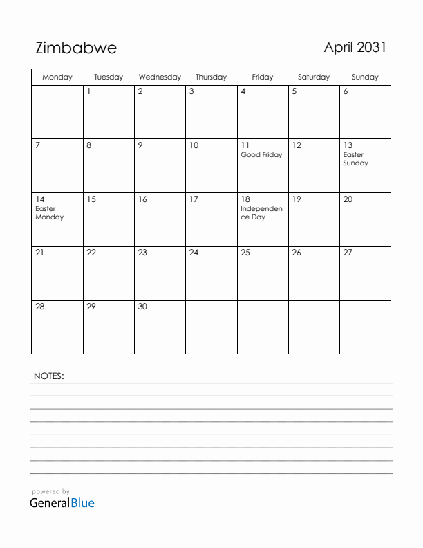 April 2031 Zimbabwe Calendar with Holidays (Monday Start)