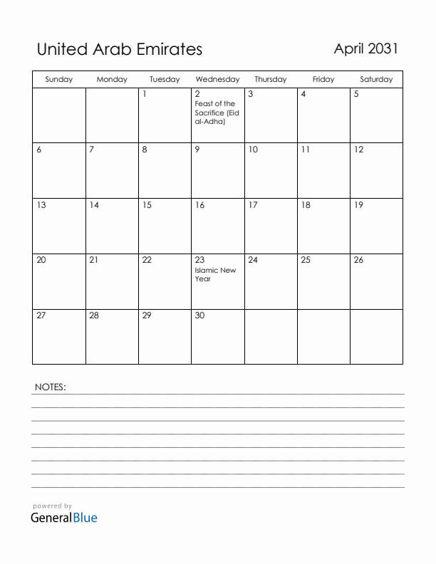 April 2031 United Arab Emirates Calendar with Holidays (Sunday Start)