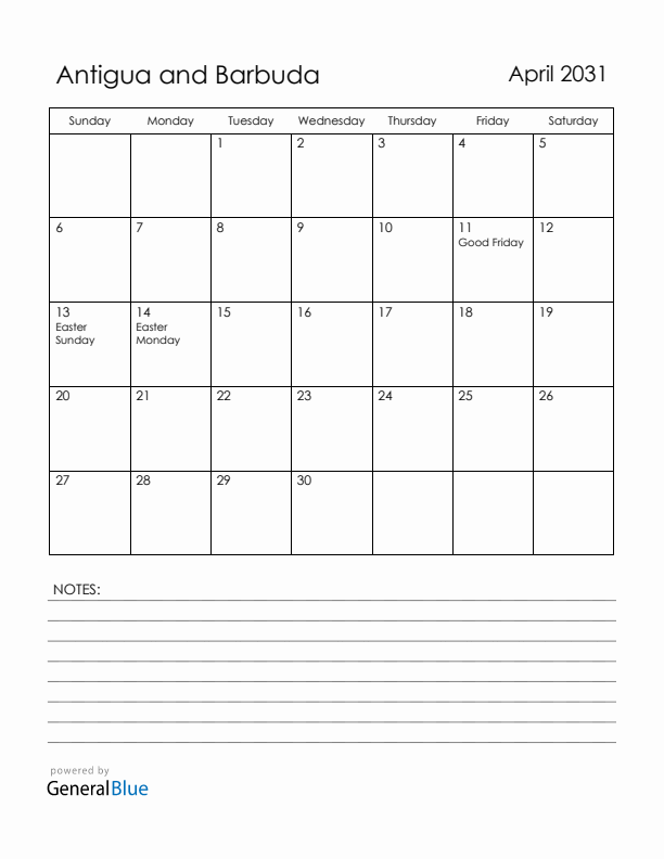 April 2031 Antigua and Barbuda Calendar with Holidays (Sunday Start)