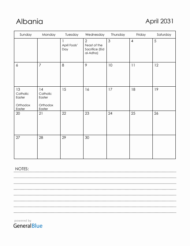 April 2031 Albania Calendar with Holidays (Sunday Start)