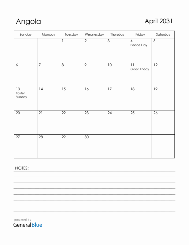 April 2031 Angola Calendar with Holidays (Sunday Start)