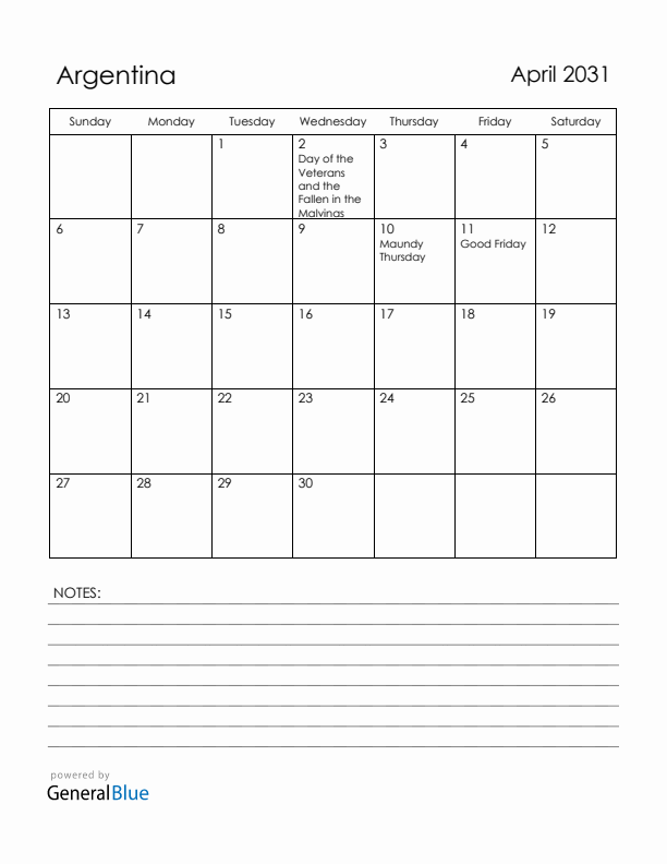 April 2031 Argentina Calendar with Holidays (Sunday Start)