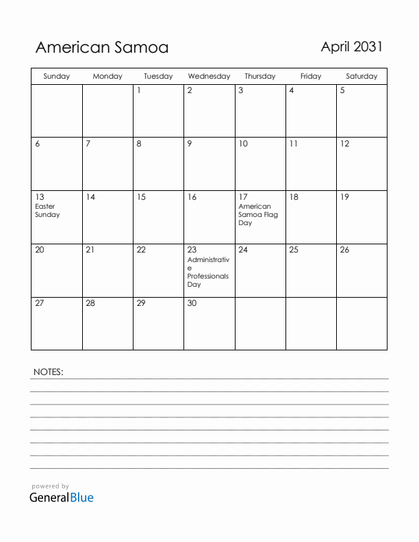 April 2031 American Samoa Calendar with Holidays (Sunday Start)