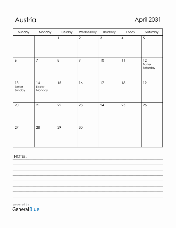 April 2031 Austria Calendar with Holidays (Sunday Start)