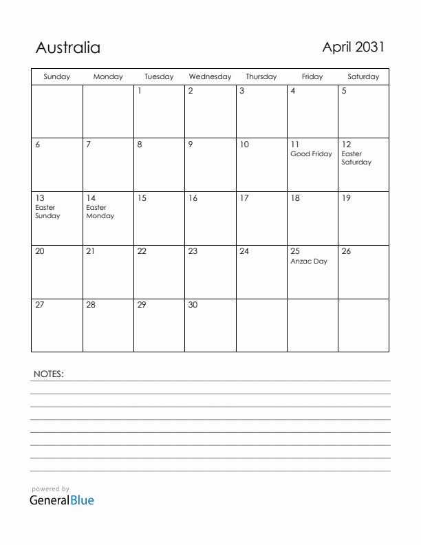 April 2031 Australia Calendar with Holidays (Sunday Start)